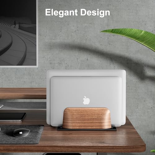 UPERGO Vertical Laptop Stand, Dual Slot Wood Holder for Desk | Solid Walnut & Aluminum, Width Adjustable 0.47"-1.1", Anti-Scratch Silicone Pads, Handcrafted