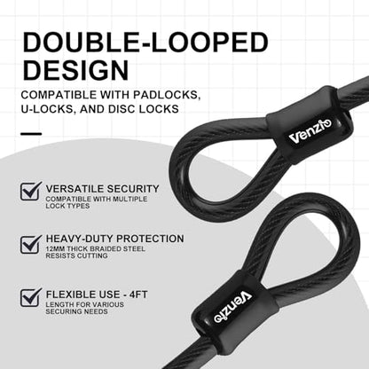 Venzio Heavy Duty 4FT 12mm (1/2 inch) Bike Lock Cable with Loops, Security Steel Lock Cable, PVC Coated Anti-Theft Chain for Bicycle, Gate, Grill, Generator - size: 4FT