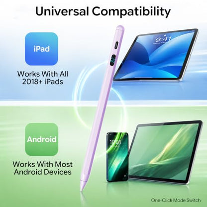 LED Battery Display Stylus Pen, Fast Charging Active Digital Pencil for iPad iPhone Samsung Android Tablets, Low Latency & Tilt Sensitivity for Note Taking/Drawing, No Bluetooth Needed (Purple) - color: Purple