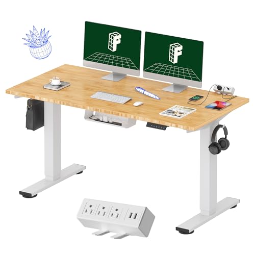 FLEXISPOT EN2 55"x28" Bamboo Electric Standing Desk with Power Strip | Solid Bamboo Desktop, Cable Management, Convenient Clamp Power Strip, And Clean Home Office Setup, White Frame - color: Bamboo Top + White Frame, size: 55x28"