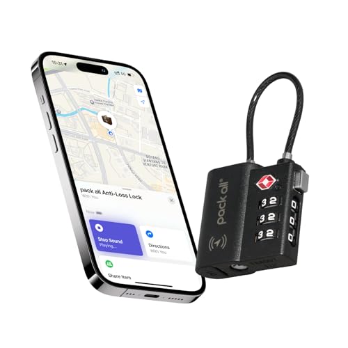 pack all Anti-Lost Tracking Luggage Lock, Smart TSA-Approved Cable Lock | Compatible Only with iOS, USB-C Rechargeable, Resettable 3-Digit Code, Clear Number Dials, Flexible Cable, 1 Pack - style: 1-Pack