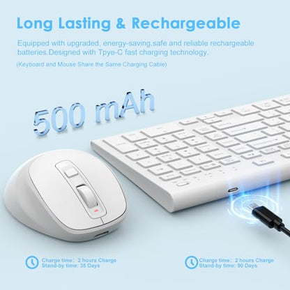 Rechargeable Wireless Keyboard and Mouse, with Number Pad White | Quiet Silent, Slim Thin Flat Low Profile Soft Key, USB C, with Skin Cover, Ergonomic Mouse, for Mac Windows PC, Home Office - color: White