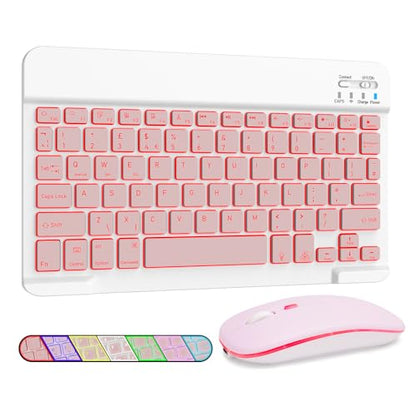 LAMA 7 Colors Backlit Bluetooth Keyboard and Mouse Combo for iPad Pro/Air/Mini, Ultra-Slim Rechargeable Wireless Keyboard and Mouse for iPhone 15/14/13 Pro/Samsung/PC/Laptop/iOS/Windows/Android,PK - color: Pink