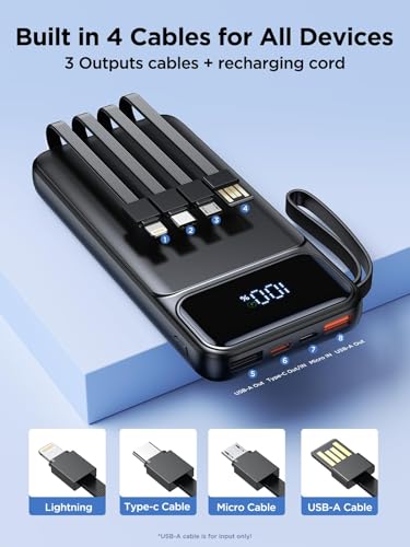 Power Bank, Portable Charger with Built in Cable 22.5W Fast Charging Battery Pack 10000mAh Slim 6 Outputs 3 Inputs LED Display Phone Charger for iPhone Samsung Pixel Moto iPad Travel Essential Gift - color: Black