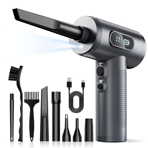 FRESMOL Compressed Air Duster, Rechargeable Cordless Electric Air Blower | 3-Gear Adjustable, 100000RPM, Smart LED Display, LED Light, Keyboard, PC, Car, Home Cleaning, Replaces Canned Air, Grey - color: Grey