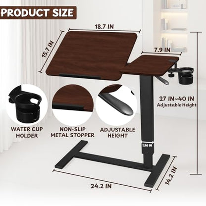 Adjustable Overbed Bedside Table with Wheels, Rotatable Desktop Height-Adjustable Bed Table with Wheels, Rolling Tray Desk for Couch Laptop & Hospital Use, Adjustable Tray Table (Rotatable-Wood Color)