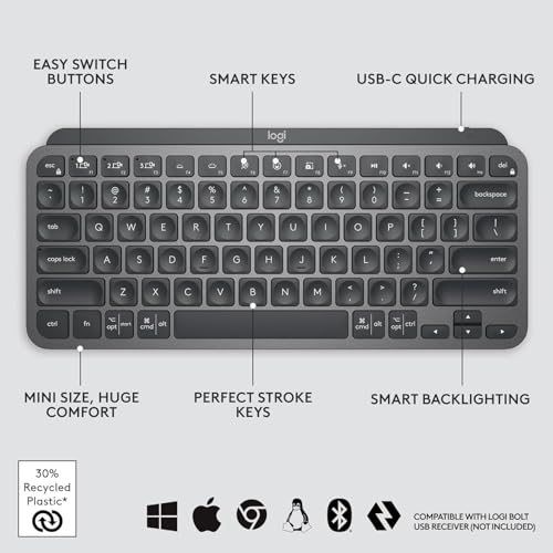 Logitech MX Keys Mini Minimalist Wireless Illuminated Keyboard - Graphite | Minimalist, compact, Bluetooth, USB-C, metal build, compatible with Apple macOS, iOS, Windows, Linux, Android - color: Graphite, style: MX Keys Mini