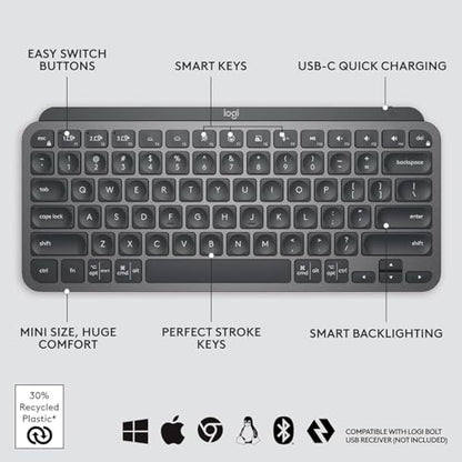 Logitech MX Keys Mini Minimalist Wireless Illuminated Keyboard - Graphite | Minimalist, compact, Bluetooth, USB-C, metal build, compatible with Apple macOS, iOS, Windows, Linux, Android - color: Graphite, style: MX Keys Mini