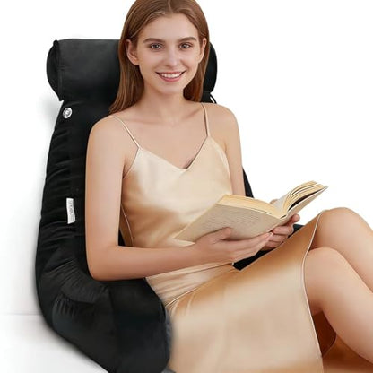 Reading Pillow for Adults Sitting‑Up in Bed, Backrest with Arms | Detachable Neck‑Cushion; Shredded Memory‑Foam; Side Pockets; Washable Velvet Cover; Gaming & TV, Sofa Use - color: Black