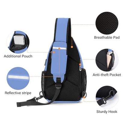 MOSISO Sling Backpack Bag, Crossbody Shoulder Bag Travel Hiking Daypack Chest Bag with Front Square Pocket&USB Charging Port - color: Air Blue