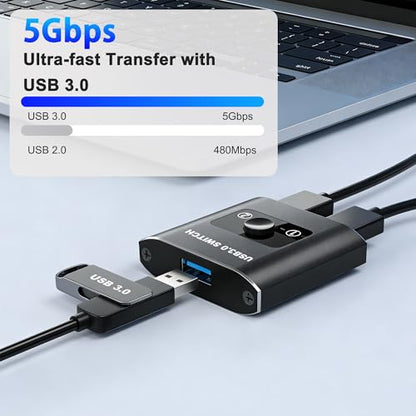 USB 3.0 Switch, Bi-Directional USB Switch 1 in 2 Out/ 2 in 1 Out, Aluminum USB Switcher 2 Computers Share USB Devices for Printer, Keyboard, Scanner, Mouse - Compatible with Mac/Win/Linux