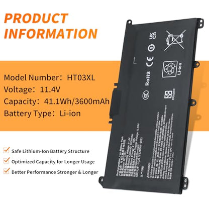 HT03XL L11119-855 Replacement Laptop Battery for HP Pavilion 14-CE 14-CF 15-CS 15-DA 15-DB 15-DW 250 G7 Series, 41.1Wh 3600mAh Compatible with TPN-Q207 Q208 14M-DH0003DX 15-CS0053CL 15-DA0014DX