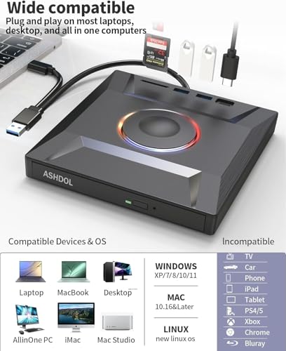 7 in 1 External CD DVD Drive, USB 3.0 and Type-C Disc Reader Writer Burner Player,Slim and Portable CD DVD +/-RW Optical Drive for PC Laptop Desktop MacBook Mac Windows Linux OS Apple - style: 7 in 1