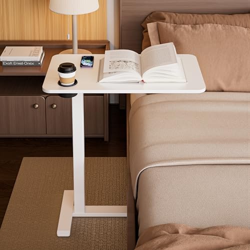 BIZUM Adjustable Bedside Table with Swivel Hidden Wheels Pneumatic Rolling Desk Mobile Standing Desk with Cup Holder for Hospital Home(27.6"x15.8" White) - color: White, size: 27.6"x15.8"
