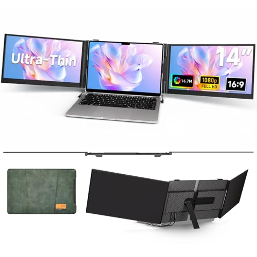 Triple Laptop Screen Extender, 2.2lb 14" FHD Ultra-Light Multiple Laptop Monitor Extender, Ultra-Thin Portable Monitors Attachable for 13.3-17" Laptops, Triple Screen Extender for Windows/Mac/Chrome - size: 14.0" Triple