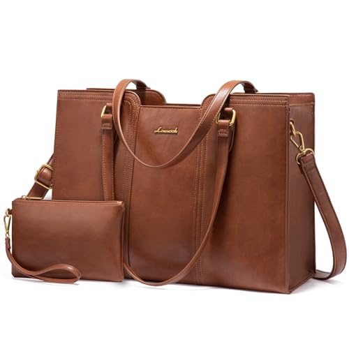 LOVEVOOK Laptop Bag for Women - Waterproof Work Bag for Women & Vintage Laptop Tote Purse with Wristlet - color: Brown, size: 17.3 inch