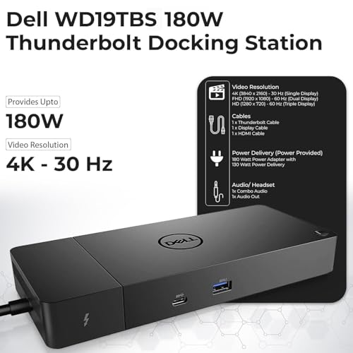 Dell WD19TBS Thunderbolt Dock Bundle - 4K Display, 1 Year Warranty, Dell Docking Station Dual Monitor with 180W Adapter, Anyhdd HDMI, DisplayPort, Thunderbolt Cable - Laptop & Computer Docking Station - style: WD19TBS Renewed