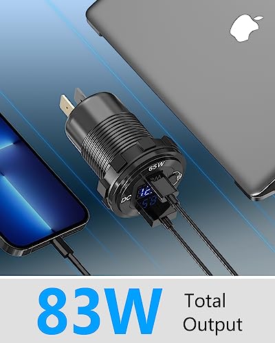 83W 12V USB Power Outlet, Qidoe Aluminum 65W PD Laptop Charger Socket and 18W QC3.0 Car USB Port with Digital Voltmeter Button Switch Smart Boosting 12V Outlet for Car RV Marine Boat Moto