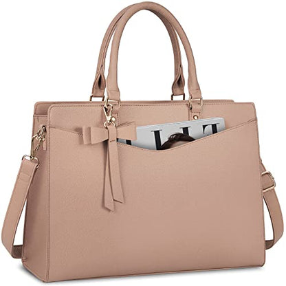 RAINSMORE Laptop Bag for Women 15.6 Inch PU Tote Bag Business Office Work Bag Waterproof Briefcase Computer Tote Lightweight Handbag Shoulder, Khaki - color: Khaki