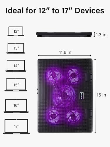 Kootek Laptop Cooling Pad, Laptop Cooler with 5 Quiet Fans for 12"-17" Computer PC Notebook Gaming Laptop Fan, Height Adjustable Laptop Cooling Stand Laptop Accessories (Purple) - color: Purple