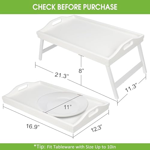 Bed Tray Table Bamboo Breakfast Food Tray with Folding Legs Kitchen Platters Serving Plate for Bed TV Table Desk Laptop Computer（White Large） - color: White-large