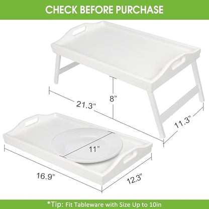 Bed Tray Table Bamboo Breakfast Food Tray with Folding Legs Kitchen Platters Serving Plate for Bed TV Table Desk Laptop Computer（White Large） - color: White-large