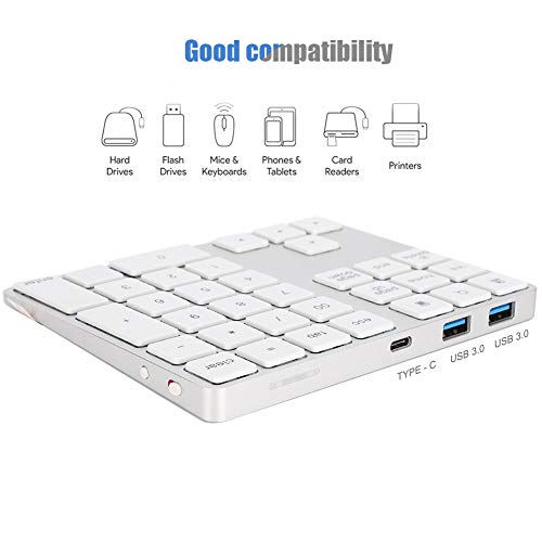 ASHATA Numeric Keypad,34 Keys Mini Portable Bluetooth Numpad,Ergonomic Bluetooth Numeric Keypad Aluminum Alloy HUB Type-C USB 3.0 Numeric Pad for (Silver)
