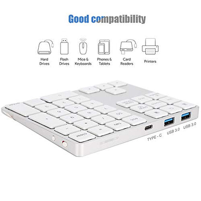 ASHATA Numeric Keypad,34 Keys Mini Portable Bluetooth Numpad,Ergonomic Bluetooth Numeric Keypad Aluminum Alloy HUB Type-C USB 3.0 Numeric Pad for (Silver)
