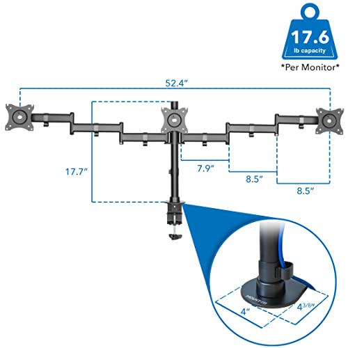 Mount-It! Triple Monitor Mount 3 Screen Desk Stand for LCD Computer Monitors for 19 20 22 23 24 27 Inch Monitors VESA 75 and 100 Compatible Full Motion, 54 lbs Capacity (MI-1753),Black