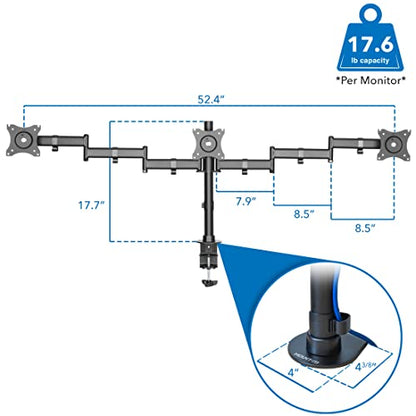 Mount-It! Triple Monitor Mount 3 Screen Desk Stand for LCD Computer Monitors for 19 20 22 23 24 27 Inch Monitors VESA 75 and 100 Compatible Full Motion, 54 lbs Capacity (MI-1753),Black
