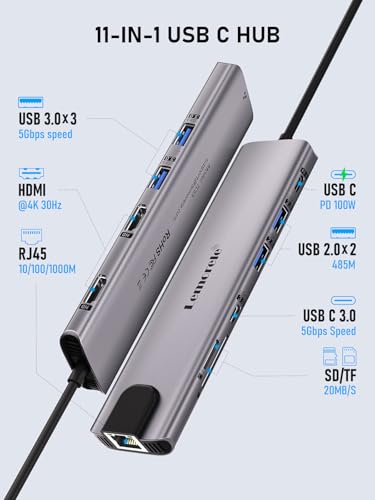 Aluminum Docking Station USB-C Hub with 2 HDMI, Gigabit Ethernet, 4 USB A, USB-C 3.0, PD 100W, SD/TF, 1000Mbps RJ45 LAN Dock Adapter for MacBook Docking Station Laptop, Supports 2 Monitor