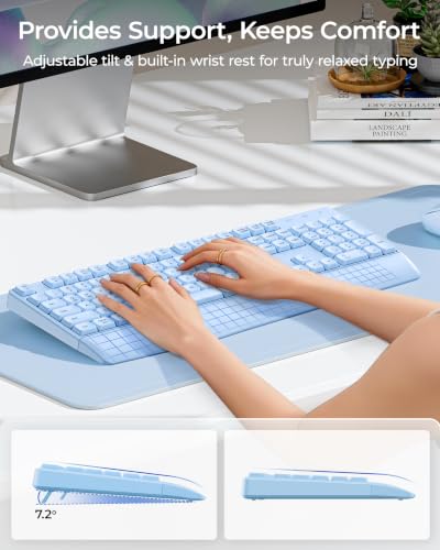 seenda Wireless Bluetooth Ergonomic Keyboard Mouse Combo, Full Size, Blue | USB/Bluetooth multi-device switching, with wrist rest, number pad, and quiet operation for PC, laptop, Mac, MacBook, and iPad - color: Blue
