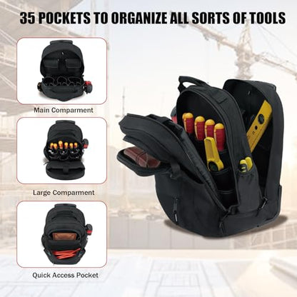 MELOTOUGH Rolling Tool Bag with Telescoping Handle 35 Pockets Wheeled Electrician Backpack Tool Bag For Men,Water Resistant Tool Storage Organizer Including Laptop Sleeve(BLK) - color: Black