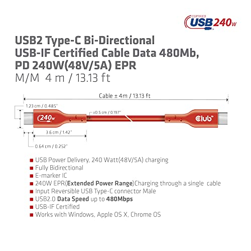 Club 3D CAC-1515 USB2 Type C to Type C Certified Bi-Directional Cable with 240W Charging, 480Mb Data Transmission EPR 4m -13.13ft - size: 4m -13.13ft