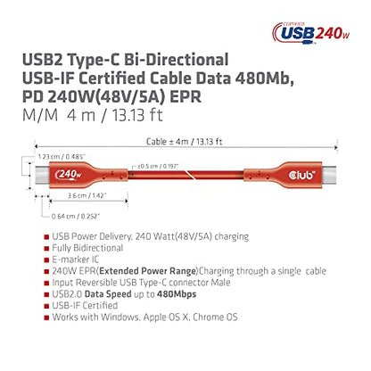 Club 3D CAC-1515 USB2 Type C to Type C Certified Bi-Directional Cable with 240W Charging, 480Mb Data Transmission EPR 4m -13.13ft - size: 4m -13.13ft