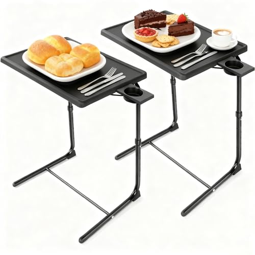 HUANUO TV Trays Set of 2, TV Tray with 6 Height & 3 Tilt Adjustments, Black | 21.53"–28.74" height range, foldable, cup holder, crossbar for stability, for eating, working, drawing on sofa, bed, chair