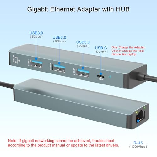 USB C to Ethernet Adapter, 5Gbps Data Port Hub Network with 3*USB3.0, USB3.0 Hub with RJ45 10/100/1000 Gigabit Ethernet Adapter Support Windows 10,8.1,Mac OS, Surface Pro,Linux,Chromebook and More