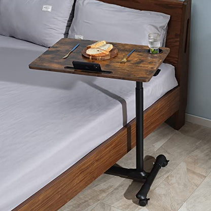 ETHU Overbed Table with Hydraulic Lift, 27.1-34.2 Inch Height Adjustable Bed Table with Lockable Casters - Wood Grain Tabletop with Cup Holder & Charging Slot, 22lbs Capacity Rolling Bedside Desk - color: Walnut