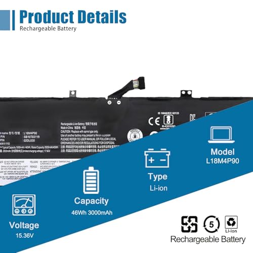L18M4P90 Laptop Battery Replacement for Lenovo ThinkPad L13 Yoga Series L18C4P90 L18D4P90 02DL031 02DL032 02DL030 SB10T83120 SB10T83119 15.36V 46Wh 3000mAh - size: 10.62*4.34*0.27 inch L18M4P90