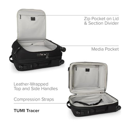 TUMI - Voyageur Leger 4 Wheeled Luggage - Women's Lightweight and Spacious, Sleek Silhouette, Durable Premium Suitcase - 21.8" Large Dual Access Expandable Carry On, Black with Gunmetal Hardware - color: BLACK/GUNMETAL, style: 21.8" Continental Expandable