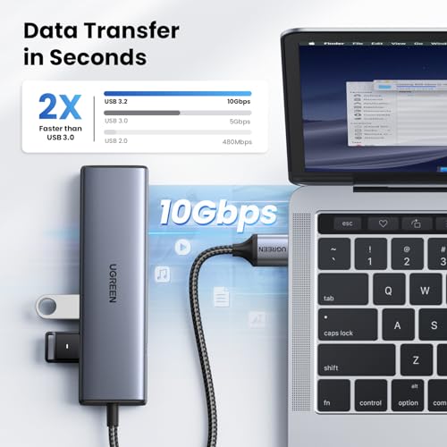 UGREEN USB to Ethernet Adapter, 10Gbps Data Port 5-in-1 Hub Ethernet | with 2*USB-C 3.2, USB-A 3.2/2.0, Gigabit RJ45, Power Port (Only for Adapter), USB A to Network Hub for Laptop, MacBook, XPS