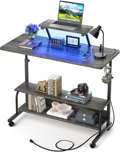 Height Adjustable Standing Desk with Power Outlets and LED Lights - 39" Manual Stand Up Desk with Monitor Stand and Storage Shelves Small Mobile Rolling Computer Desk Portable Laptop Table, Grey Oak - color: Grey Oak, size: 39''