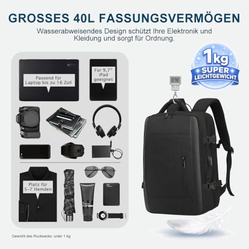 Carry On Backpack 40L Expandable Travel Backpack for Men Fits 15.6" laptop