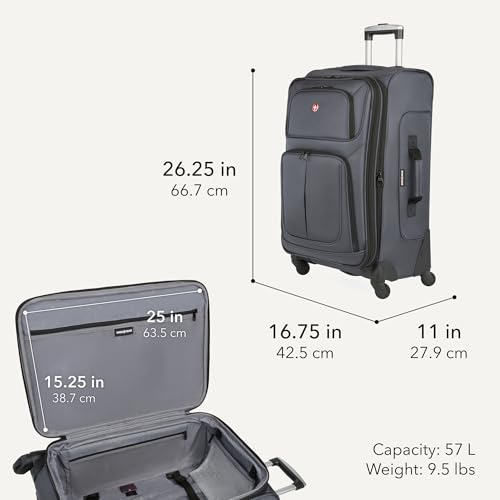SWISSGEAR Sion Softside Expandable Spinner Luggage Durable Lightweight Travel Suitcase, Dark Grey, Checked-Medium - color: Dark Grey, size: Checked-Medium