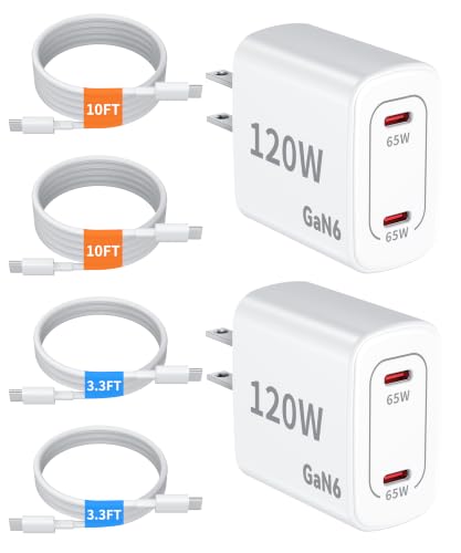 120W Fast Charger USB C - 2 Pack 65W PD Dual Port GaN USB C Charging Block, 3.3/3.3/10/10FT USB C Cable for MacBook Air Pro iPhone 17/16/15 Series Samsung Galaxy S25/S24/S23 Ultra Home Office Travel - color: White