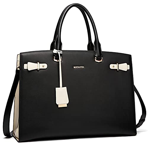 BOSTANTEN Genuine Leather Briefcase for Women 15.6'' Laptop Work Tote Bag | Laptop Compartment, Spacious Interior, Structured, Professional Style, Detachable Shoulder Strap, Office, Business, Commute - color: B-black