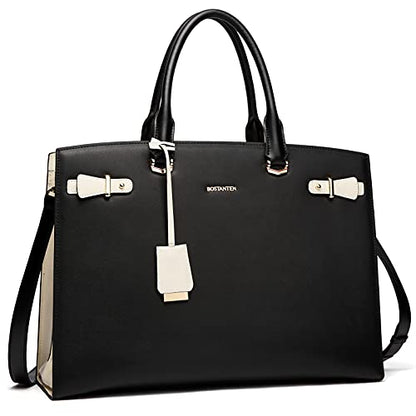 BOSTANTEN Genuine Leather Briefcase for Women 15.6'' Laptop Work Tote Bag | Laptop Compartment, Spacious Interior, Structured, Professional Style, Detachable Shoulder Strap, Office, Business, Commute - color: B-black
