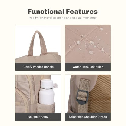 College Laptop Backpack 16 Inches Quilted Travel Backpack for Women Lightweight Puffer Casual Daypack 28L Camel - color: Camel