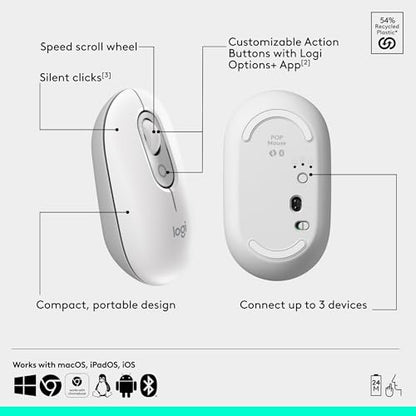 Logitech POP Mouse Compact and Portable Wireless Bluetooth Mouse- Off-White | Programmable buttons, quiet clicks, easy-switch between up to 3 devices, for laptop, tablet, and PC, portable design - color: Off White
