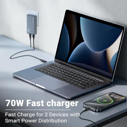 MINIX 70W Flat USB C Wall Charger, Slim Foldable Dual Type C GaN Plug | Fast Charging Block for iPhone 17 16 15 Pro Max, MacBook Air, iPad Pro, Galaxy S25 S24, Pixel 10, Steam Deck